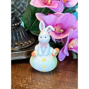 Vintage Easter Bunny sitting on an Easter Egg Easter Decor White Rabbit Bunny